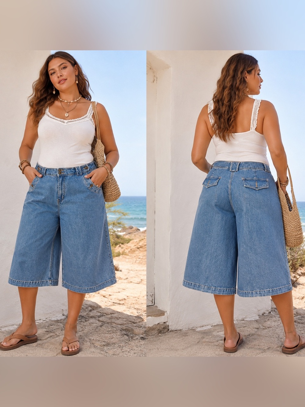 Relativity Y2K Boho Coastal Wide-Leg Cropped Denim Culottes in Blue size 16